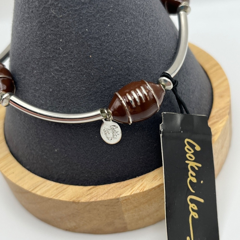Football Bracelet Silver Tone Enamel Charm Stretch Sports Mom Game Day Feminine - Picture 5 of 6